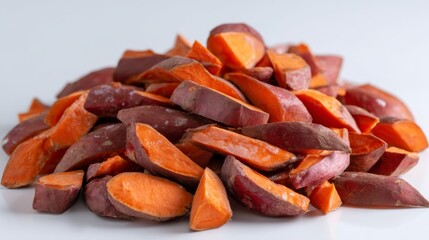 Poster - A top-down view displays a pile of crispy sweet potato wedges, showcasing their vibrant color and texture, perfect for snack ideas or healthy eating inspiration