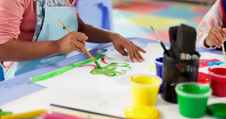 Aufkleber - Learning, children and hands painting for art, creative talent and development in preschool class. Education, student drawing and kids with color for tree, artwork and sketch on paper with brush