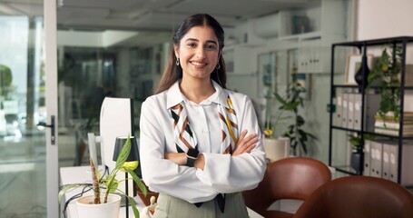 Poster - Happy, business woman and portrait with confidence for administration or secretary service at office. Face, female person or employee with smile or arms crossed for startup, job pride or proud career
