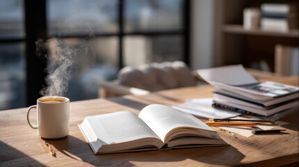 Poster - Steaming mug of tea sits next to an open journal and scattered pencils on a sunlit wooden desk. This setup encourages a cozy and productive workspace