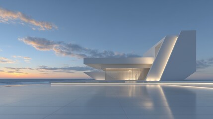 Aufkleber - 3D rendered modern architecture building with expansive seaside windows, minimalist design concept for banners or presentations. Sleek geometric structure with glass facade reflecting ocean views, cle