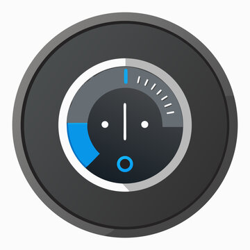 Black and blue button displaying the word prominently in the center.
