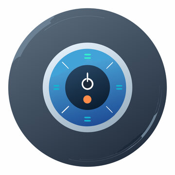 Black and blue button displaying the word prominently in the center.