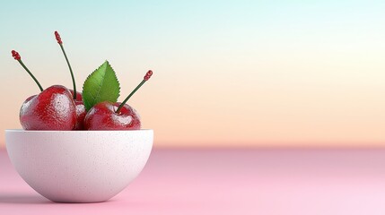 Poster - Pixel Art Cherries in White Bowl on Pink Background