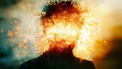Poster - A man with fire in his face and a pixelated mask illustrating the concept of digital transformation