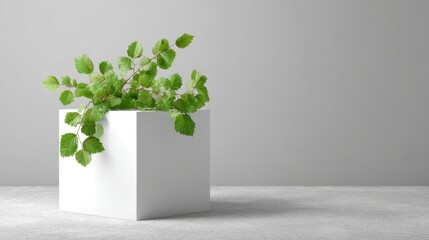 Poster - This composition showcases vibrant green leaves arranged on a white geometric pedestal set against a minimalist backdrop of gray stone, illuminated by natural light