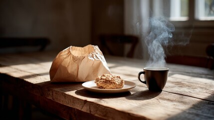 Poster - A steaming mug of herbal tea sits next to a kraft pouch containing shortbread on a rustic wooden table, illuminated by warm morning light, creating a cozy atmosphere