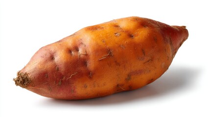Poster - A smooth-skinned deep orange yam is showcased on a glossy white surface, highlighting its texture and color, ideal for food design and editorial use