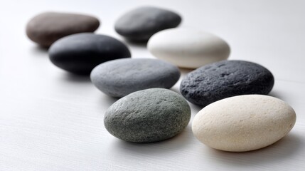 Poster - A collection of smooth oval river stones in shades of slate, charcoal, and ivory are meticulously arranged on a clean white surface, creating a minimalistic aesthetic