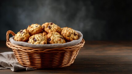 Poster - Baked oatmeal raisin cookies are beautifully presented in a wicker basket, placed on a rustic wooden table, surrounded by warm lighting for a homely feel