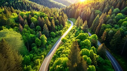 Aufkleber - Aerial view of a winding road through a lush green forest at sunset