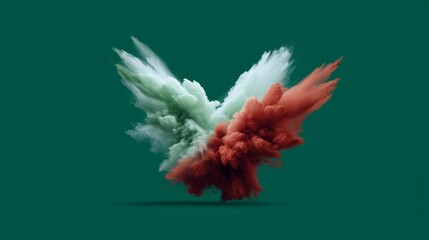 Poster - Colorful powder bursts in shades of green, white, and red form an abstract shape in midair, isolated on a solid background with space for additional content