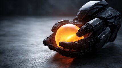 Fototapete - A robotic claw carefully holds a luminous orb, creating a modern and sleek visual against a dark surface with ample copy space for text or branding