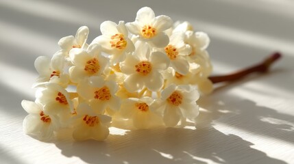 Leinwandbilder - Delicate cream flowers arranged beautifully, soaking in gentle morning light with a clean white background, creating a serene and inviting atmosphere