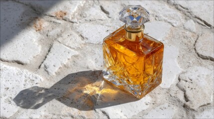 Aufkleber - A sophisticated glass vial, filled with shimmering golden liquid and topped with a faceted crystal stopper, exudes elegance on a glossy white surface