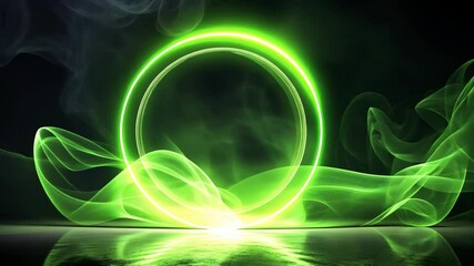 Poster - Abstract Green Neon Circle with Flowing Smoke on Reflective Surface