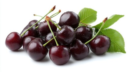 Aufkleber - Branch of ripe black cherries adorned with lush green leaves, prominently displayed against a pure white background, ideal for commercial use and fresh fruit themes