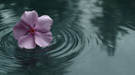 Poster - A single violet flower floats on gentle ripples of water, surrounded by a calm pond environment. The soft natural light enhances the peaceful scene