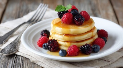 Poster - Golden pancakes drizzled with honey sit atop a rustic table, adorned with fresh berries for a delightful breakfast or brunch treat perfect for any occasion
