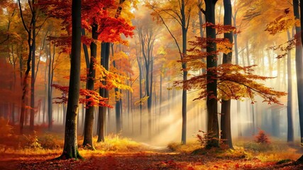 Poster - Mystical Autumn Forest Sunlight Beams Through Fog and Falling Leaves