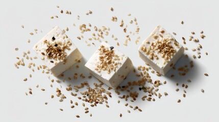 Poster - Three seared tofu slices, garnished with sesame seeds, create a refined, minimalist presentation on a clean white surface