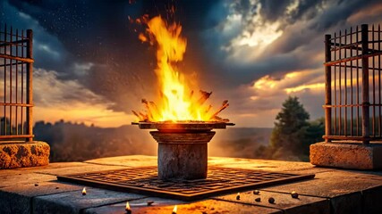 Aufkleber - Eternal Flame Burning Bright in a Serene Sunset Landscape with Rustic Gates