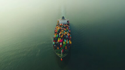 Poster - Aerial view of container ship carrying multicolored containers across calm ocean