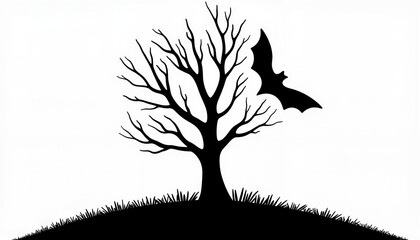 spooky tree silhouette with flying bat at dusk