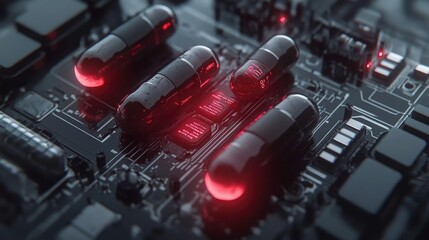 Poster - Capsules aligned to a futuristic control board with live predictive diagnostics feedback