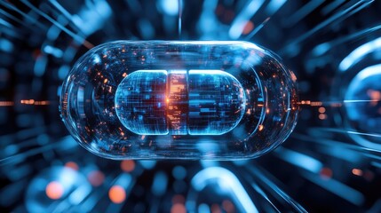 Poster - Capsules highlighted by ambient AI light trails and nanotech health prediction symbols