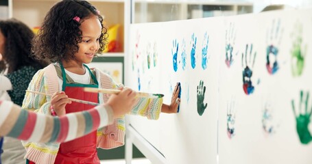 Poster - School, painting and children with handprint on paper for creative lesson, education and development. Classroom, students and kids with colors for fun activity, artistic project and motor skills