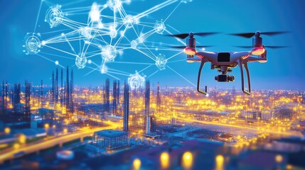 Poster - High-tech construction site with autonomous machinery and drones mapping the area digitally
