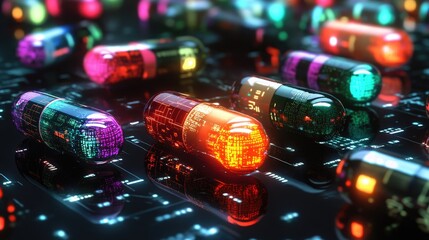 Poster - Intelligent pills surrounded by synthetic biology data and neural network pulses