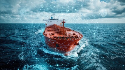 Poster - Maritime network graphic overlaid on ocean shipping photo with large vessel centered