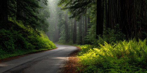 Poster - Asphalt road curves through redwood forest, sunlight filtering through canopy, illuminating ferns along roadside, evoking serenity and natural beauty