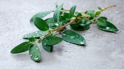 Poster - Fresh sage leaves covered in delicate water droplets rest against a soft gray background, showcasing their vibrant color and intricate textures with clarity