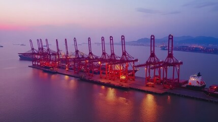 Poster - Night shot of illuminated container port with cranes and ships in operation