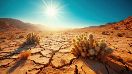 scenic landscape of desert sun with dry cracked earth and cacti vegetation under bright clear sky wi