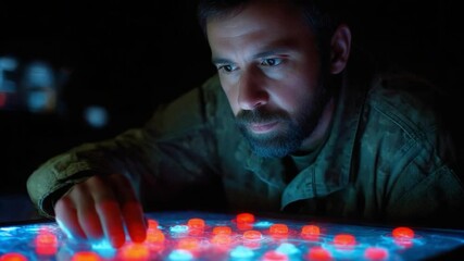Poster - Military personnel interacts with advanced holographic technology in a tactical environment