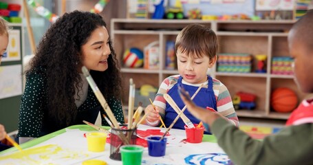 Poster - Education, children or students painting with teacher for art, creative talent or motor skill development in preschool. Learning, drawing or teaching happy kids in class for lesson or help with color