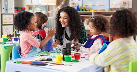 Aufkleber - Education, children or painting with teacher in class for art, creative talent or motor skill development in preschool. Learning, students drawing or teaching happy kids for lesson or help with color