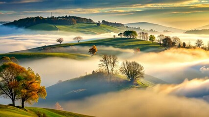 Aufkleber - Serene Autumn Landscape Rolling Green Hills and Majestic Trees Adorned in Fall Colors