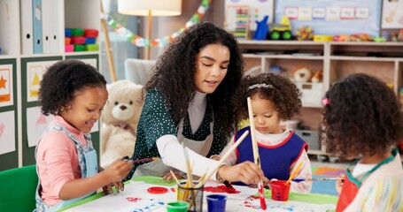 Aufkleber - Education, kids and students painting with teacher for art, creative talent or motor skill development in preschool. Learning, drawing and teaching happy girls in class for lesson or help with color