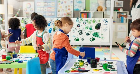 Poster - Handprint, painting and kids with paper in classroom for creative lesson, education and development. School, students and children learning with colors for fun activity, art project and motor skills