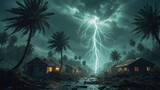 Dramatic scene of a lightning strike over a tropical village during a severe storm with dark cloudy skies