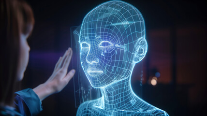 Poster - This person interacts with a holographic representation of a face, exploring advanced depth mapping.