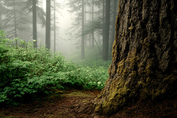 Poster - Misty forest scene, moss-covered tree trunk, lush green undergrowth, creating a serene and mysterious atmosphere, ideal for nature or tranquility themes