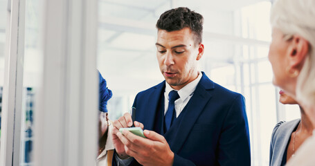Aufkleber - Writing, meeting and businessman with manager in office for planning, brainstorming or ideas. Research, discussion and male public relations specialist with team preparing for media press release.