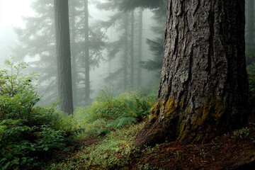 Aufkleber - Misty forest scene, large tree trunk dominates foreground, smaller trees and lush undergrowth visible in fog, evoking mystery and serenity