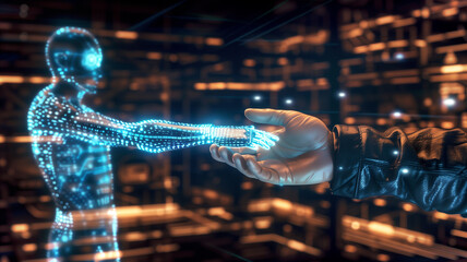 Aufkleber - This human hand reaches towards a glowing, digital figure in a sophisticated, futuristic space.